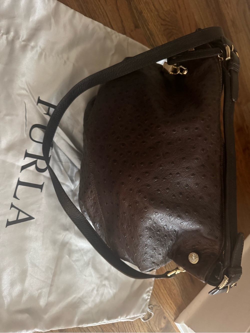 Furla Brown Ostrich-Embossed Leather Shoulder Bag
